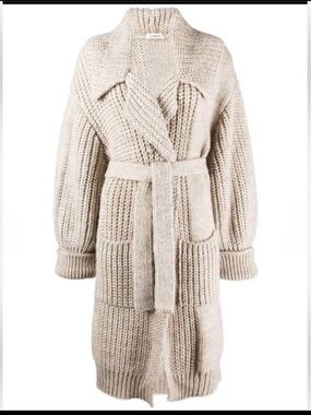 There Was One Patchwork-Effect Chunky Knit Tie-Waist Tan Cardi-Coat One Size